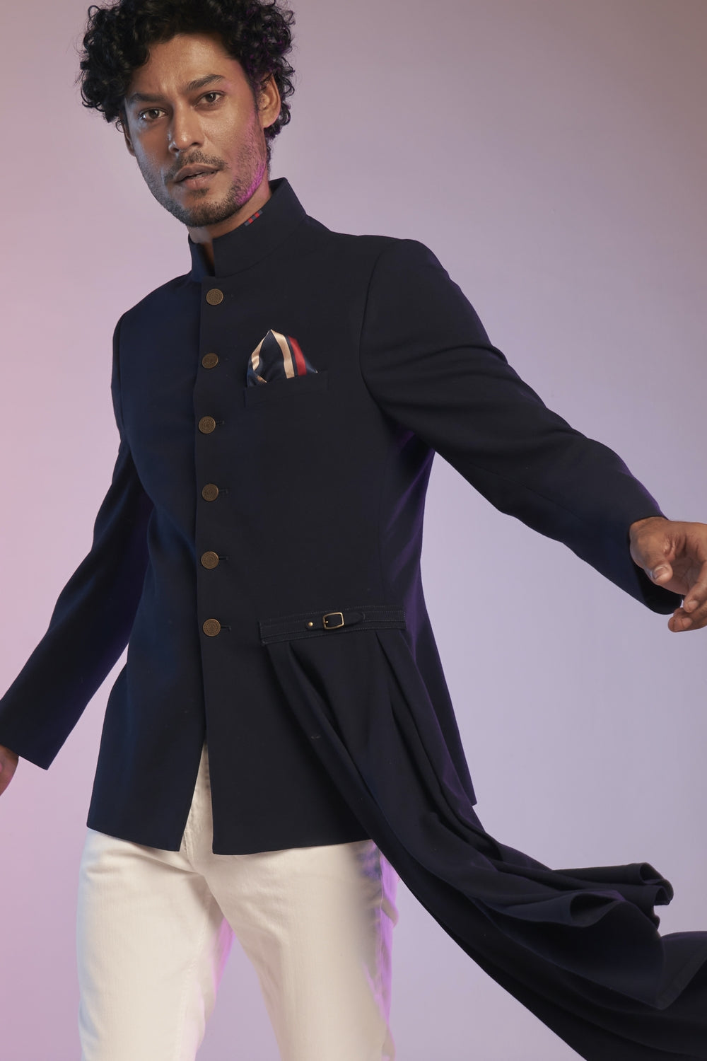 Navy Bandhgala Jacket with Neo-Drape