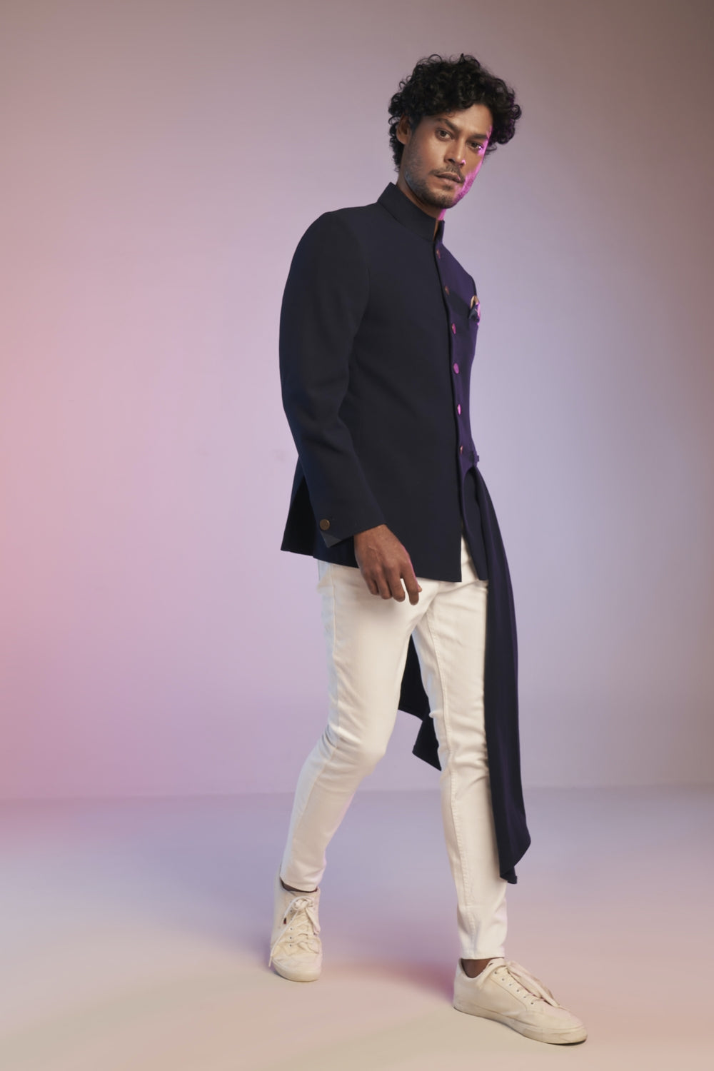Navy Bandhgala Jacket with Neo-Drape