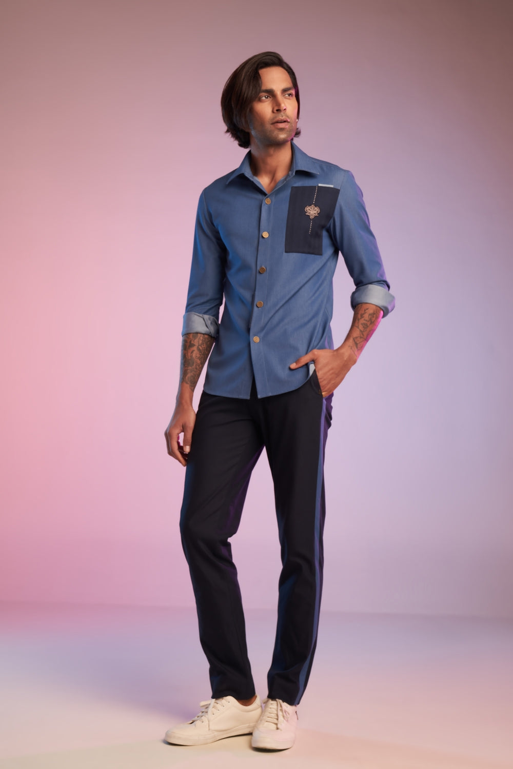 Navy Trousers with Denim Look Details