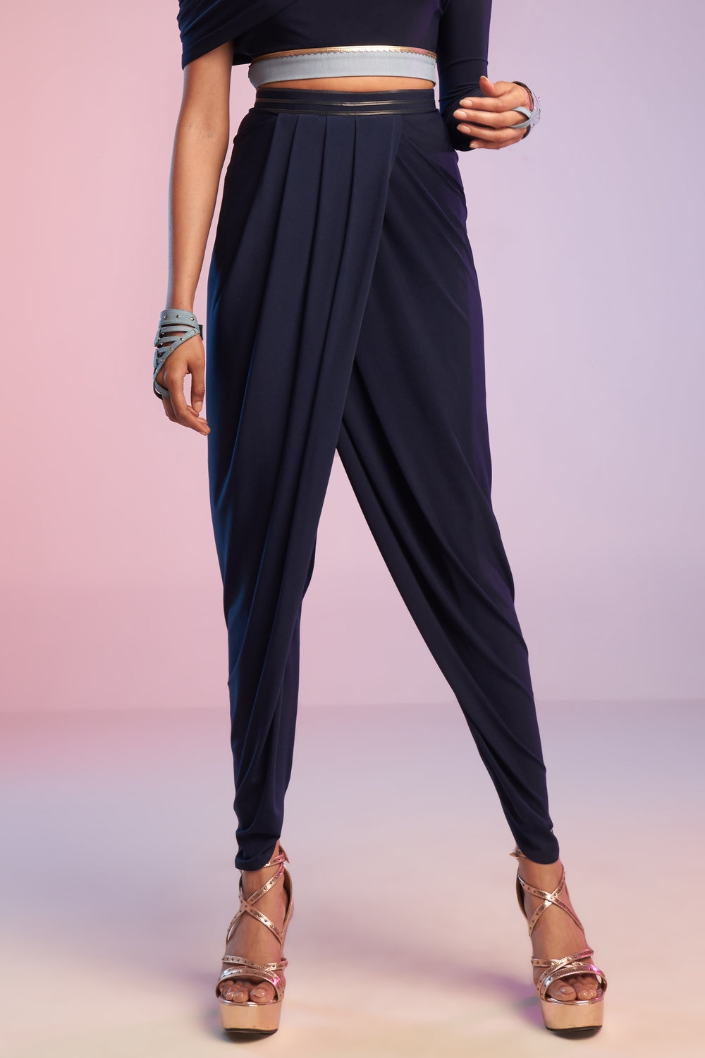 Navy Overlap Drape Pants