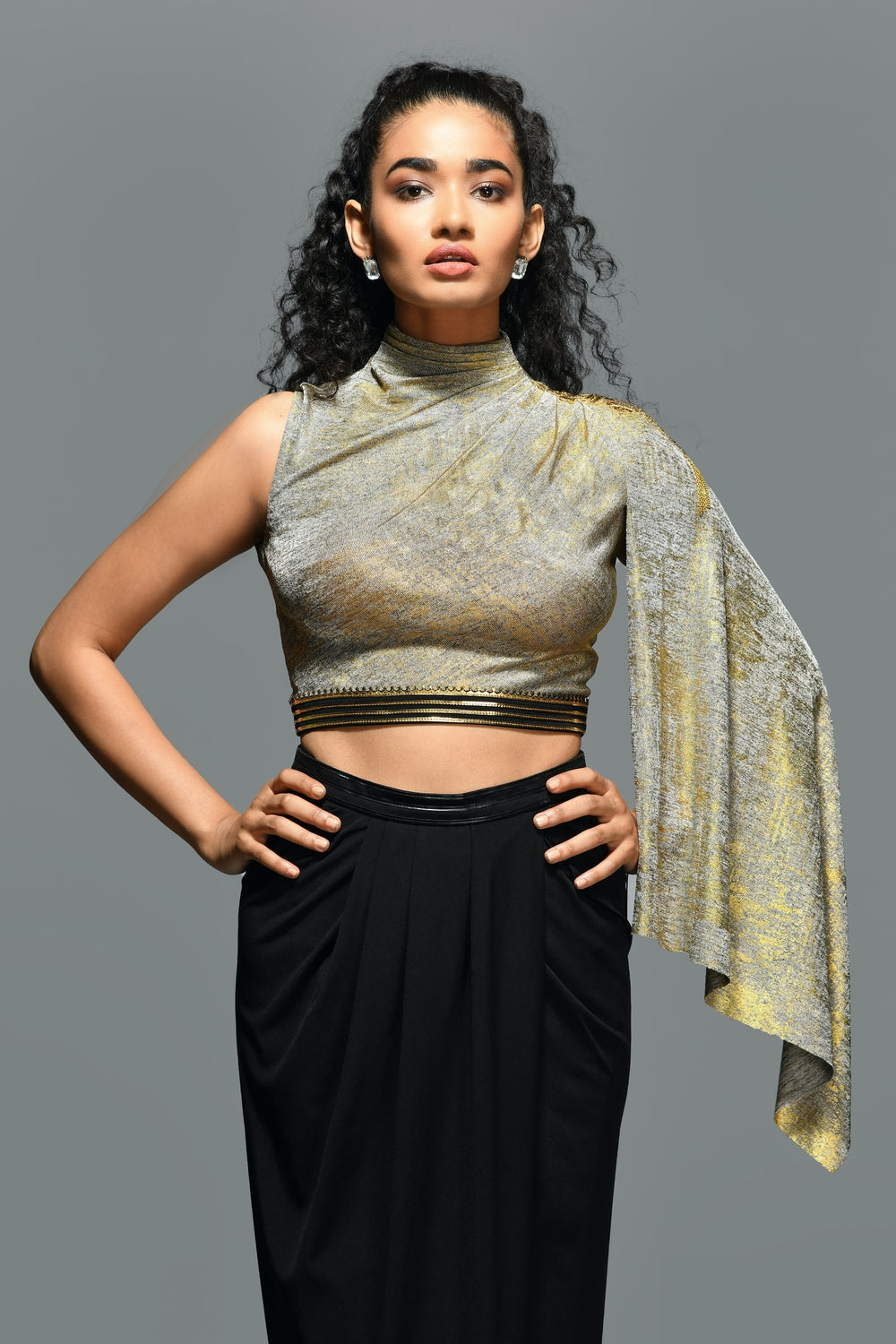 Draped Sleeve Gold Foil Crop Top