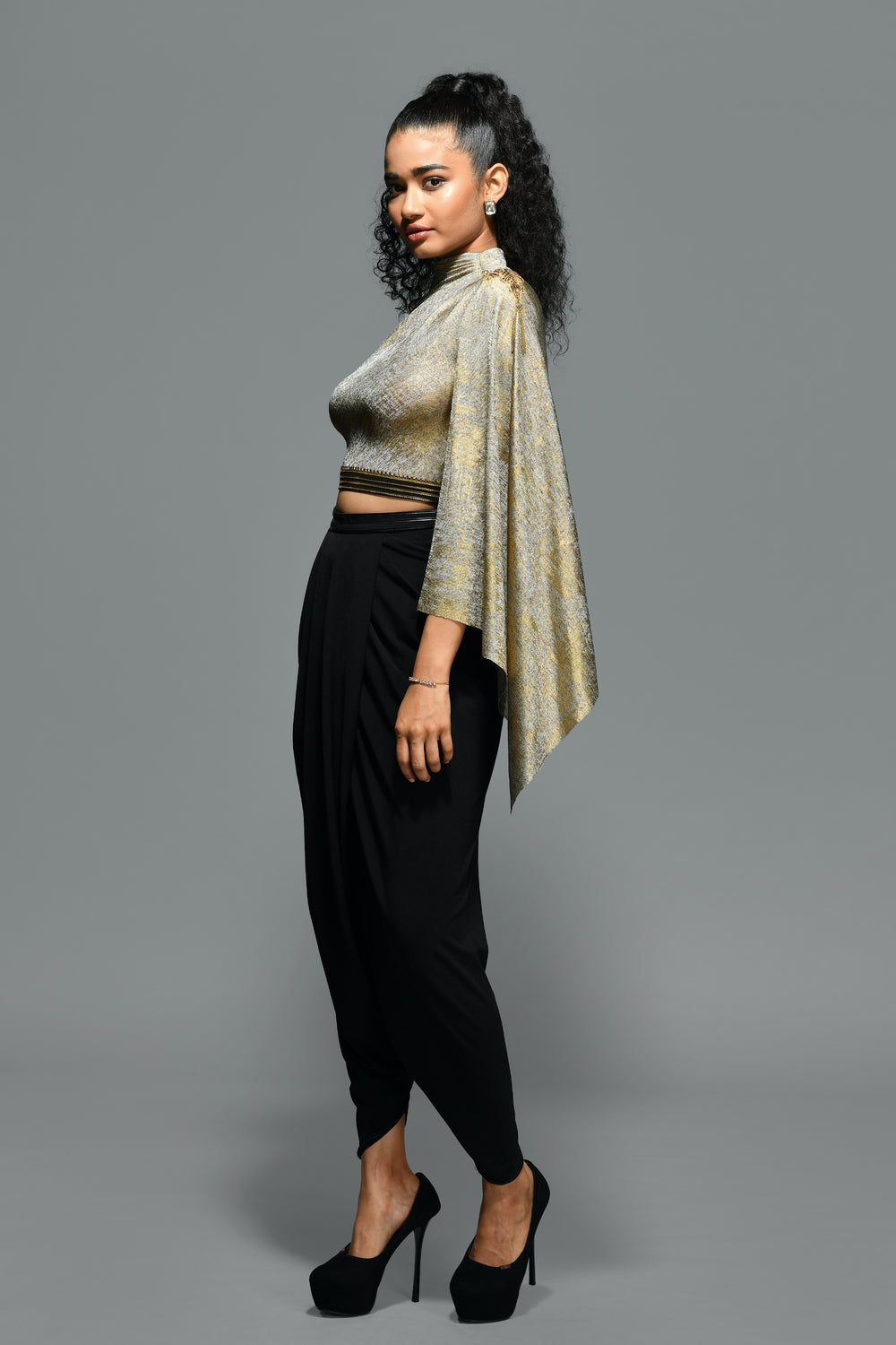 Draped Sleeve Gold Foil Crop Top