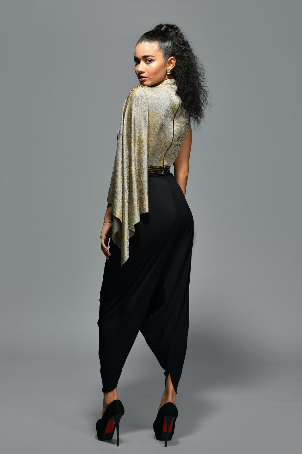 Draped Sleeve Gold Foil Crop Top