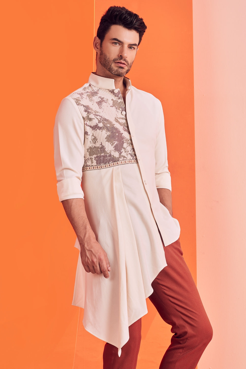 Textured Off White Drape Shirt