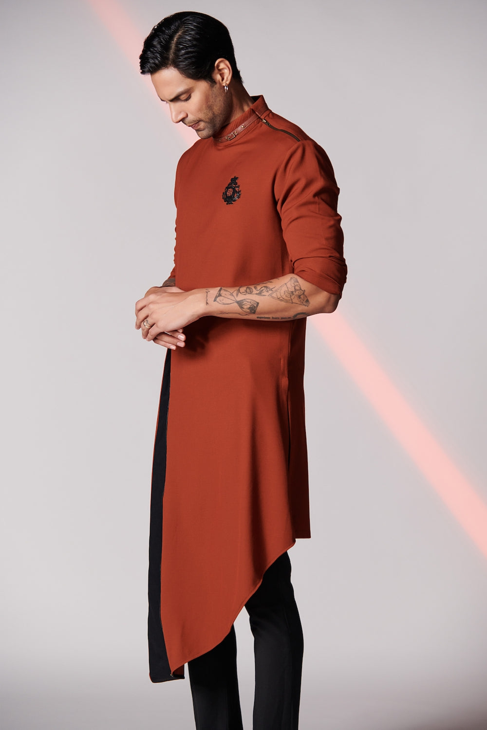 Rust Asymmetrical Kurta with 3D Crest