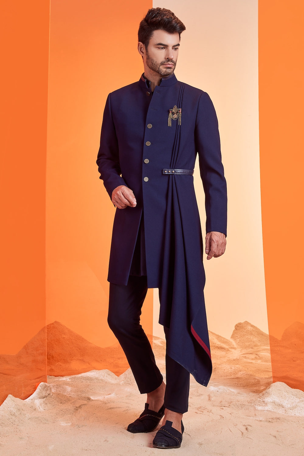 Navy Sherwani With Drape