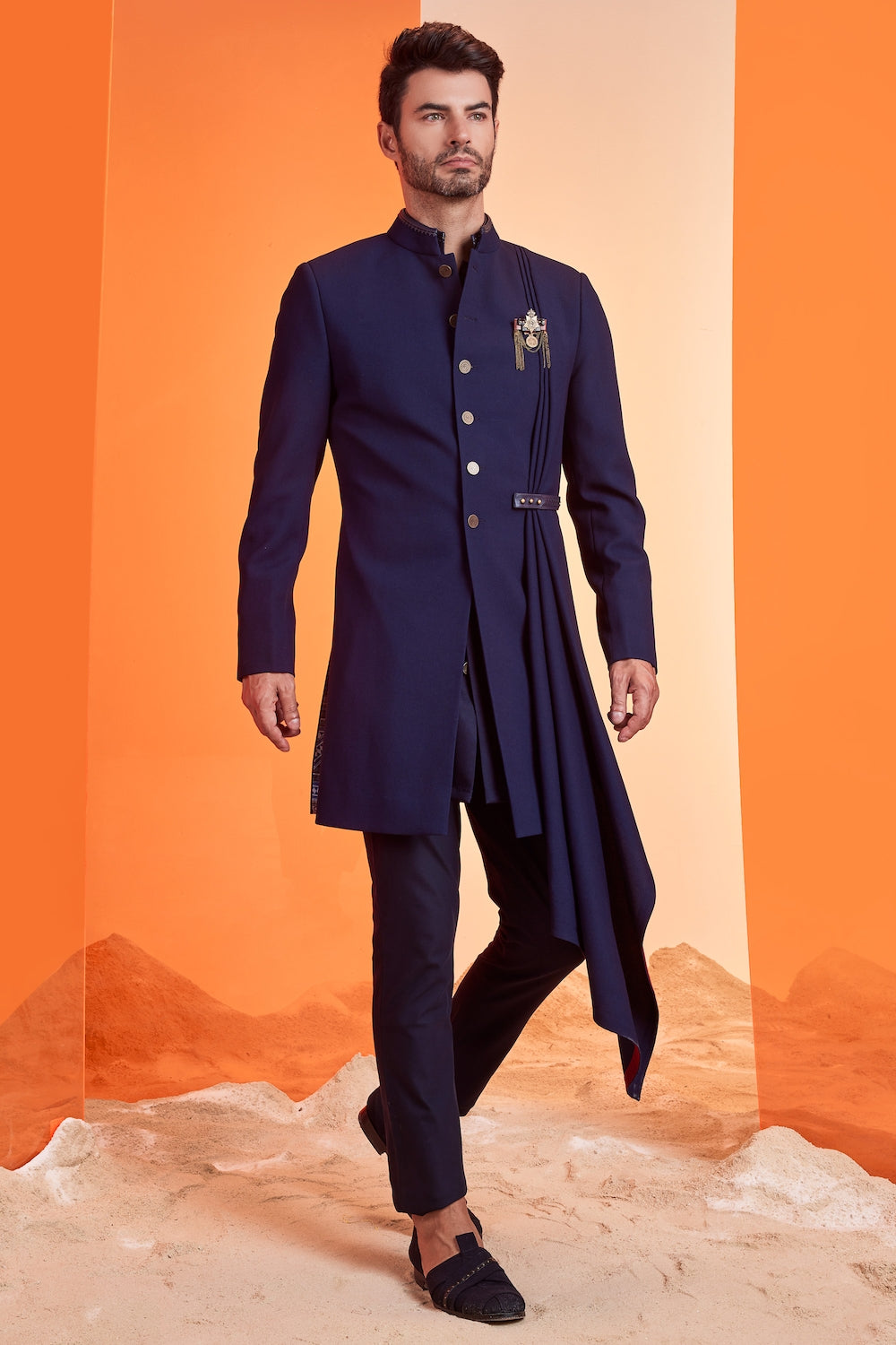 Navy Sherwani With Drape