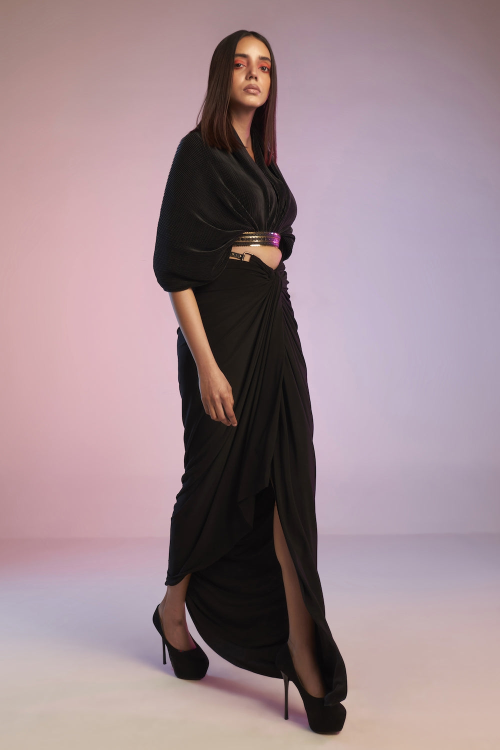 Black Crop Top with Attached Belt