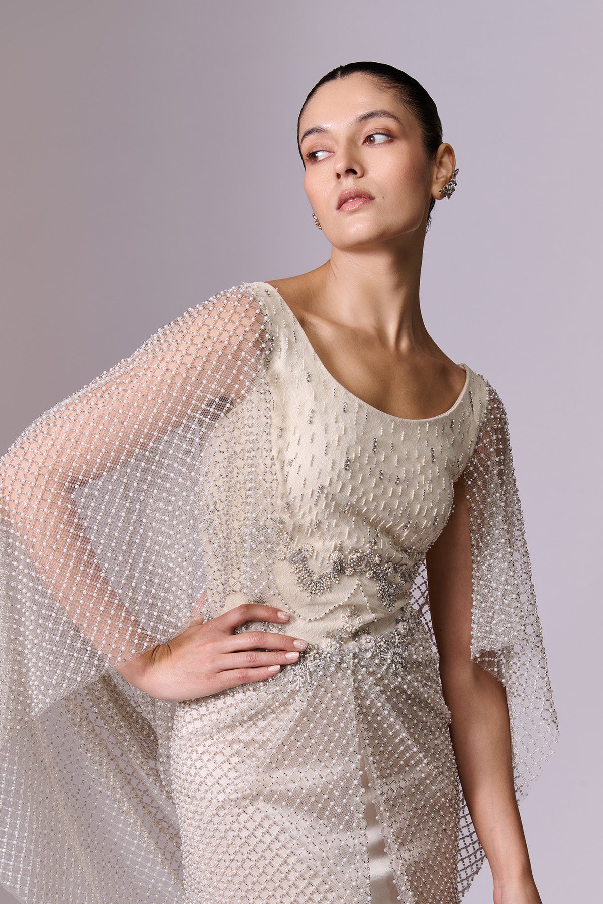 Ivory Pearl-Embellished Cape Sleeve Gown
