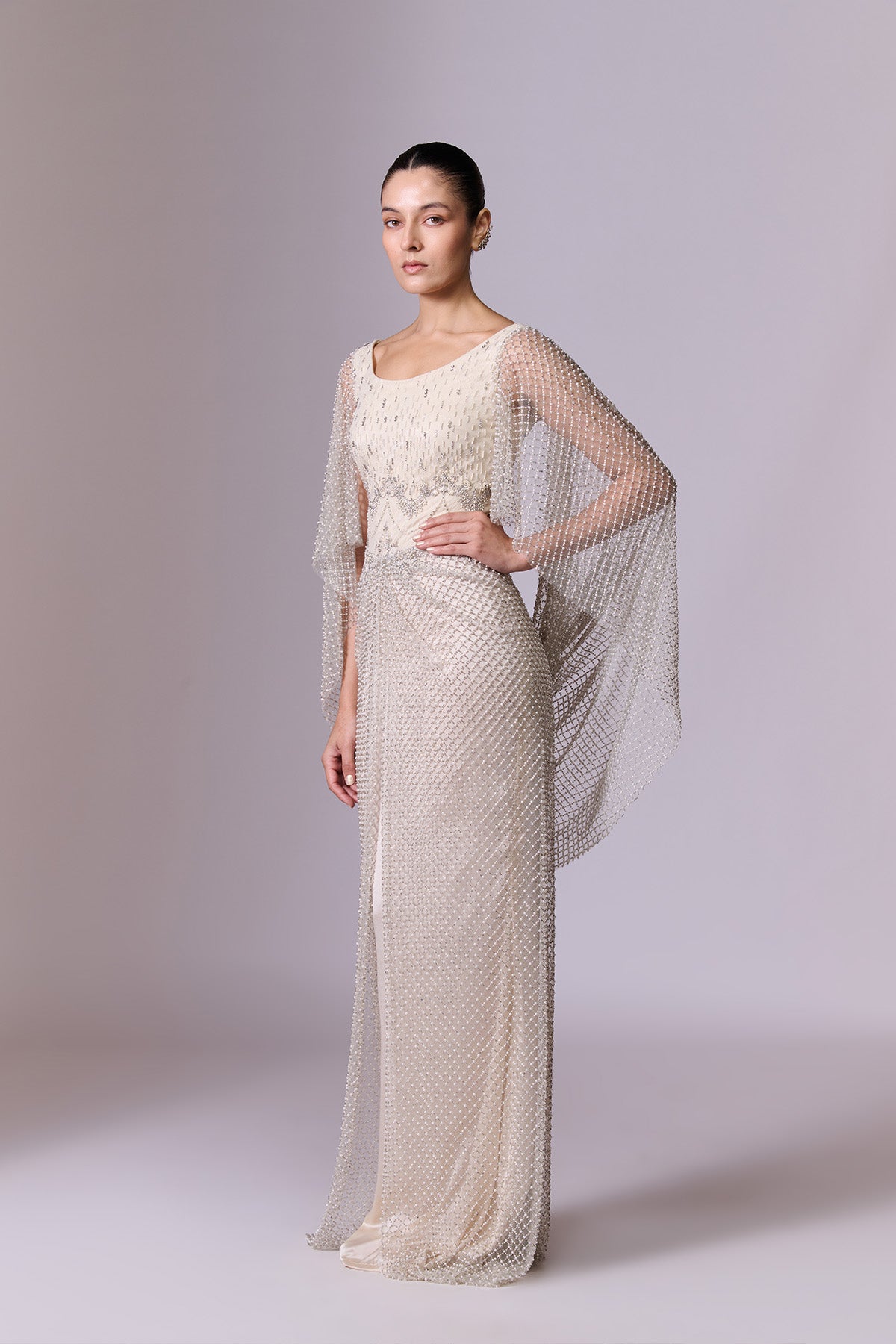 Ivory Pearl-Embellished Cape Sleeve Gown