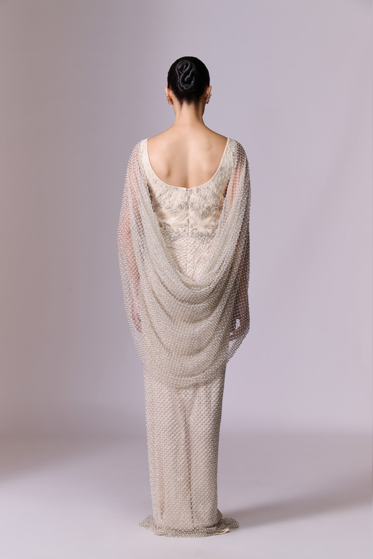 Ivory Pearl-Embellished Cape Sleeve Gown