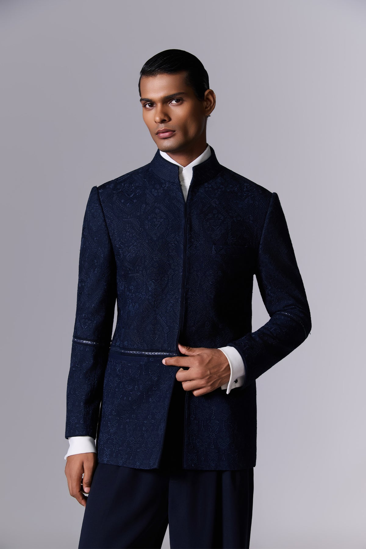 Midnight Blue Crushed Georgette Bandhgala Set