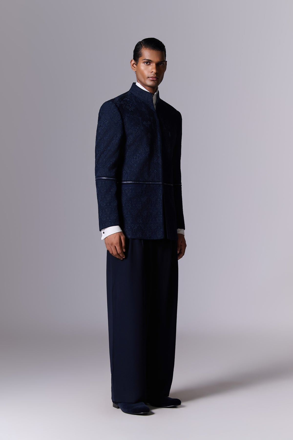 Midnight Blue Crushed Georgette Bandhgala Set