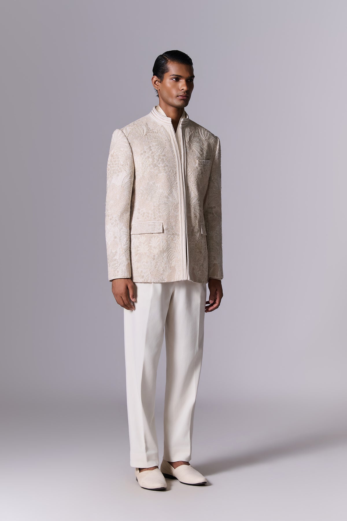 White Sand Matka Silk Bandhgala Set