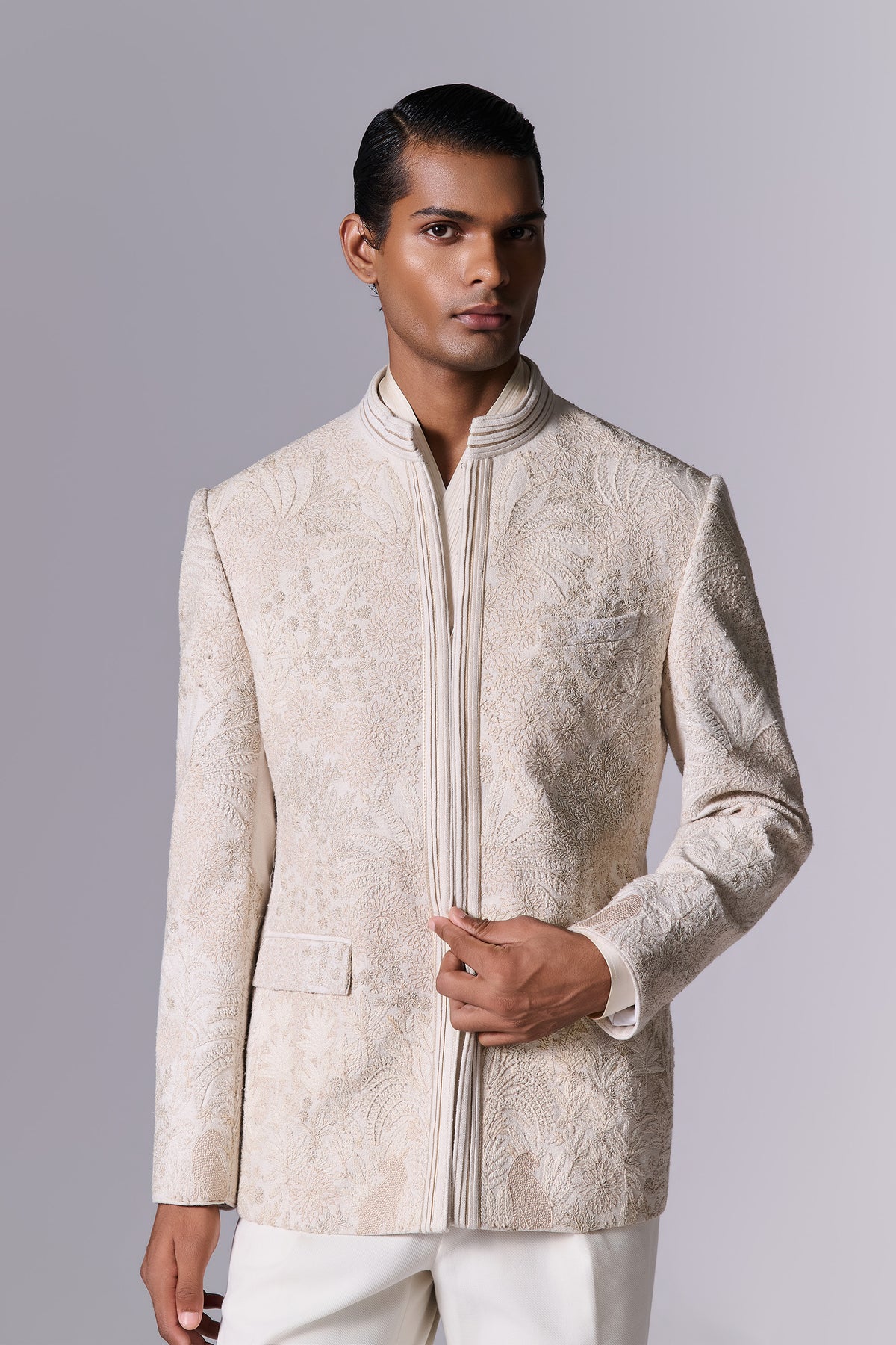 White Sand Matka Silk Bandhgala Set