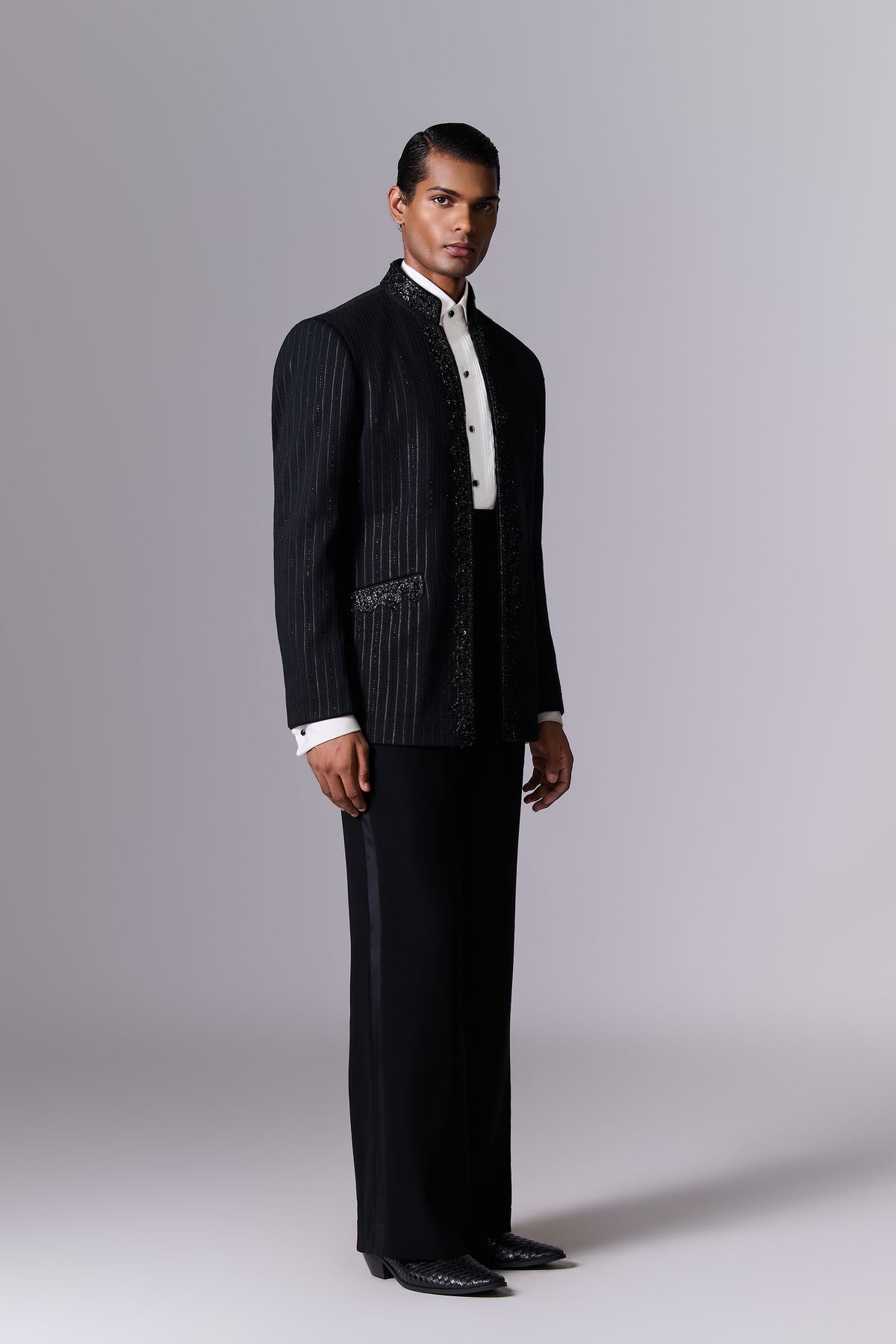 Obsidian Black Textured Bandhgala Set