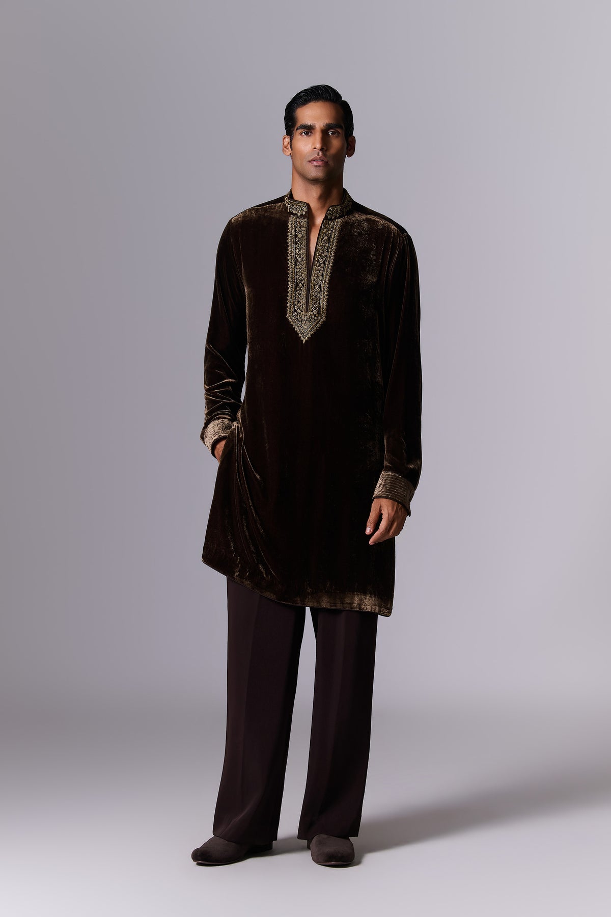 Coffee Brown Embroidered Velvet Kurta Set