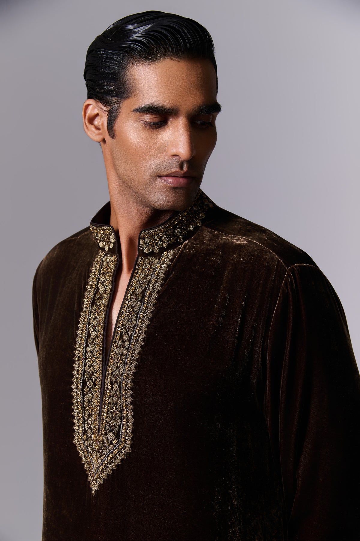 Coffee Brown Embroidered Velvet Kurta Set