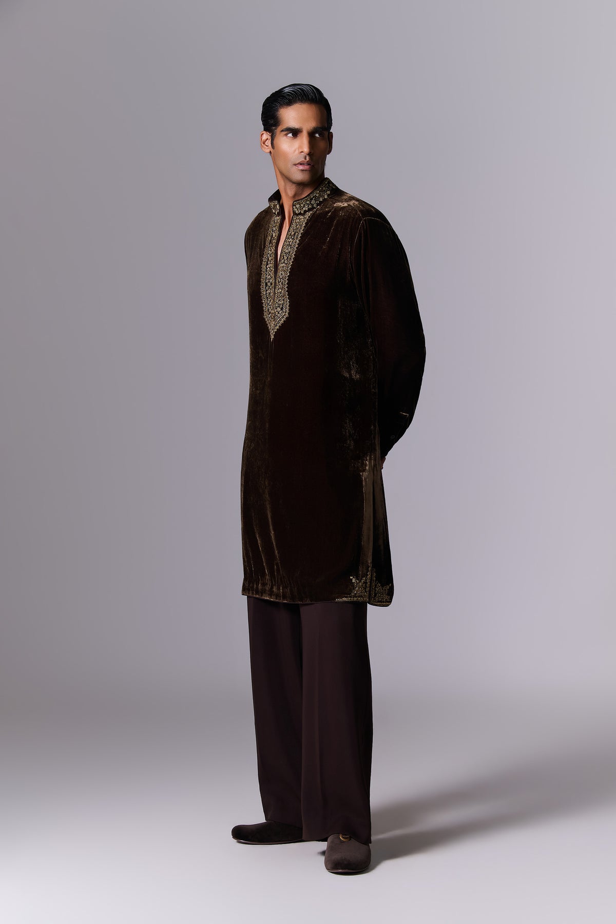 Coffee Brown Embroidered Velvet Kurta Set