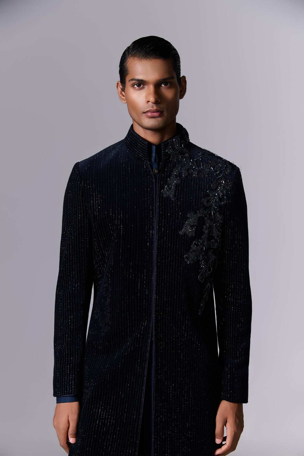 Blue Moon Embroidered Velvet Sherwani Set - close-up