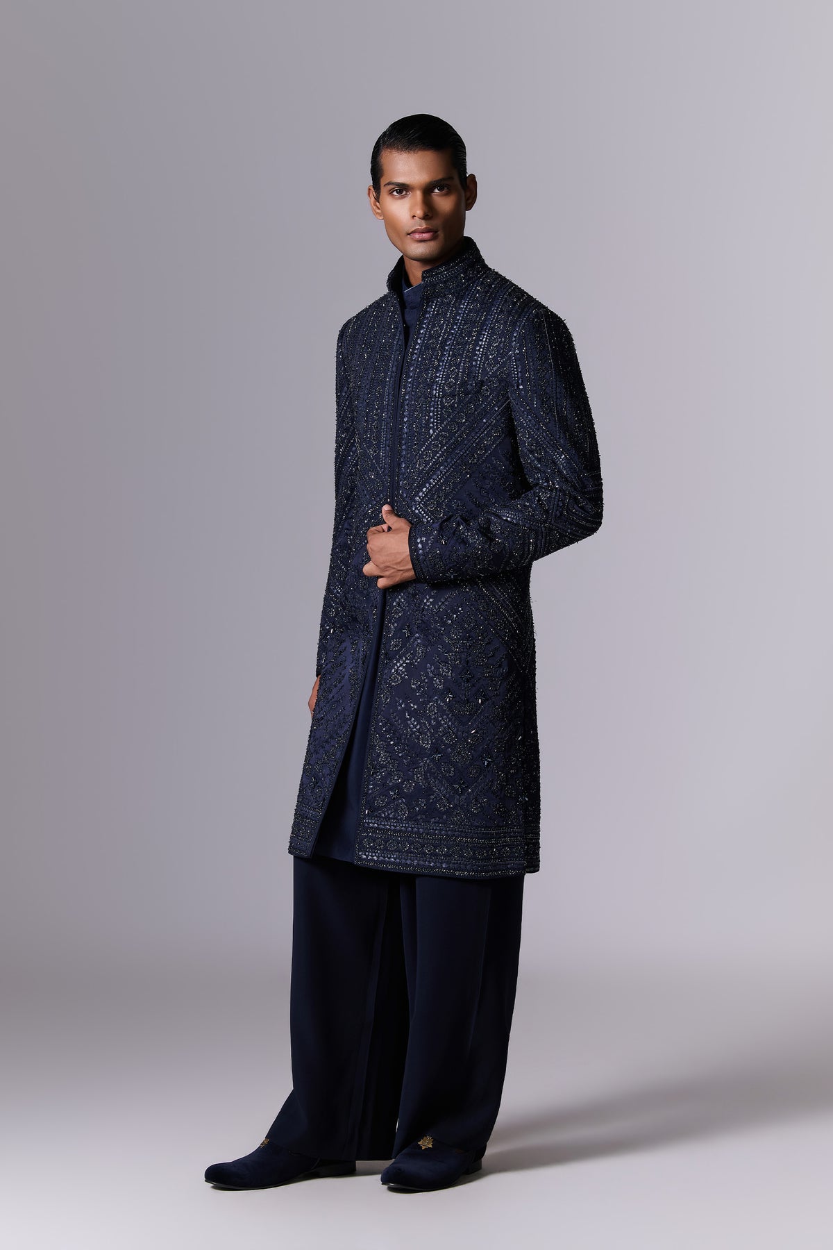 Navy Geometric Embroidered Sherwani Set