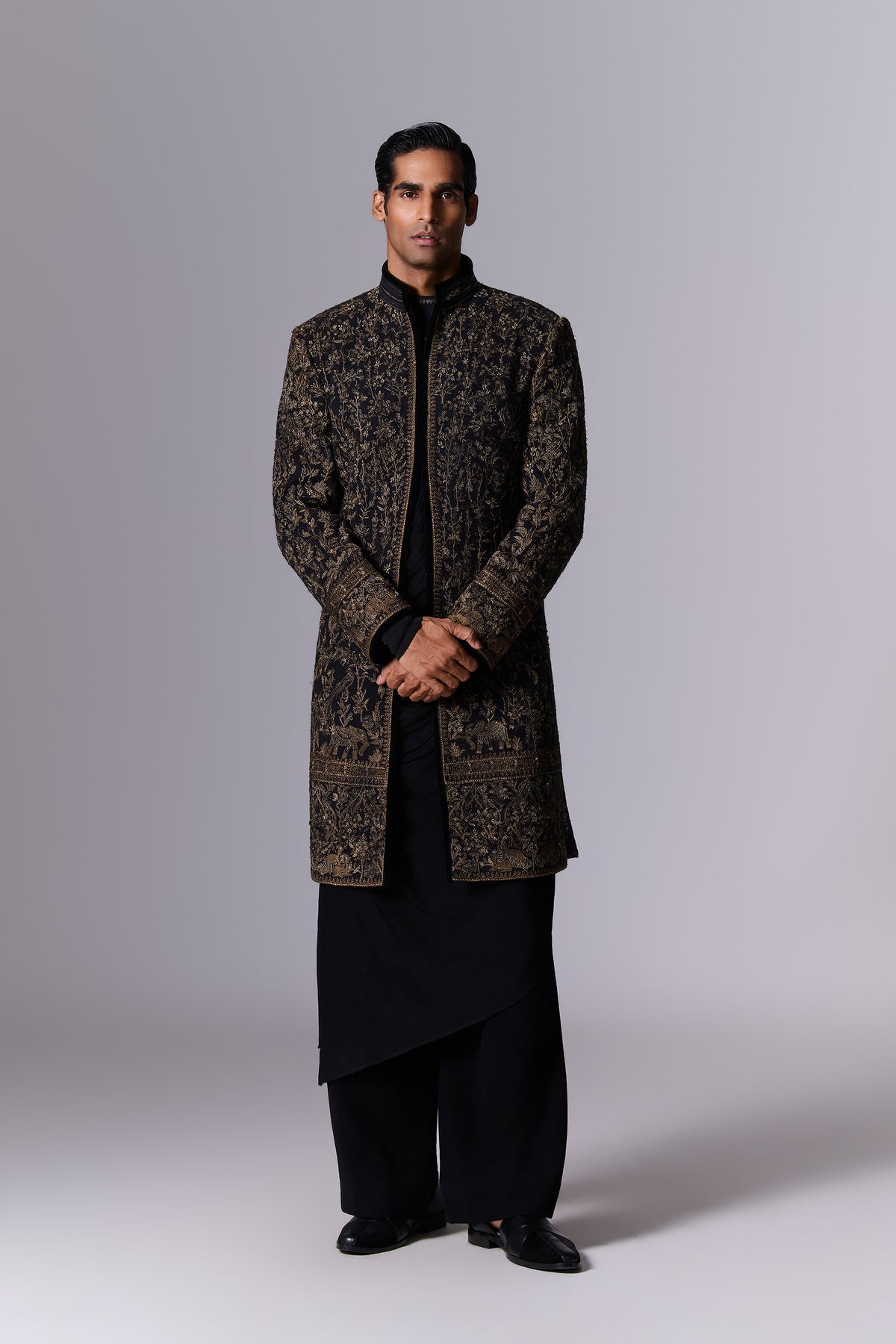 Obsidian Black Gold Embroidered Sherwani Set