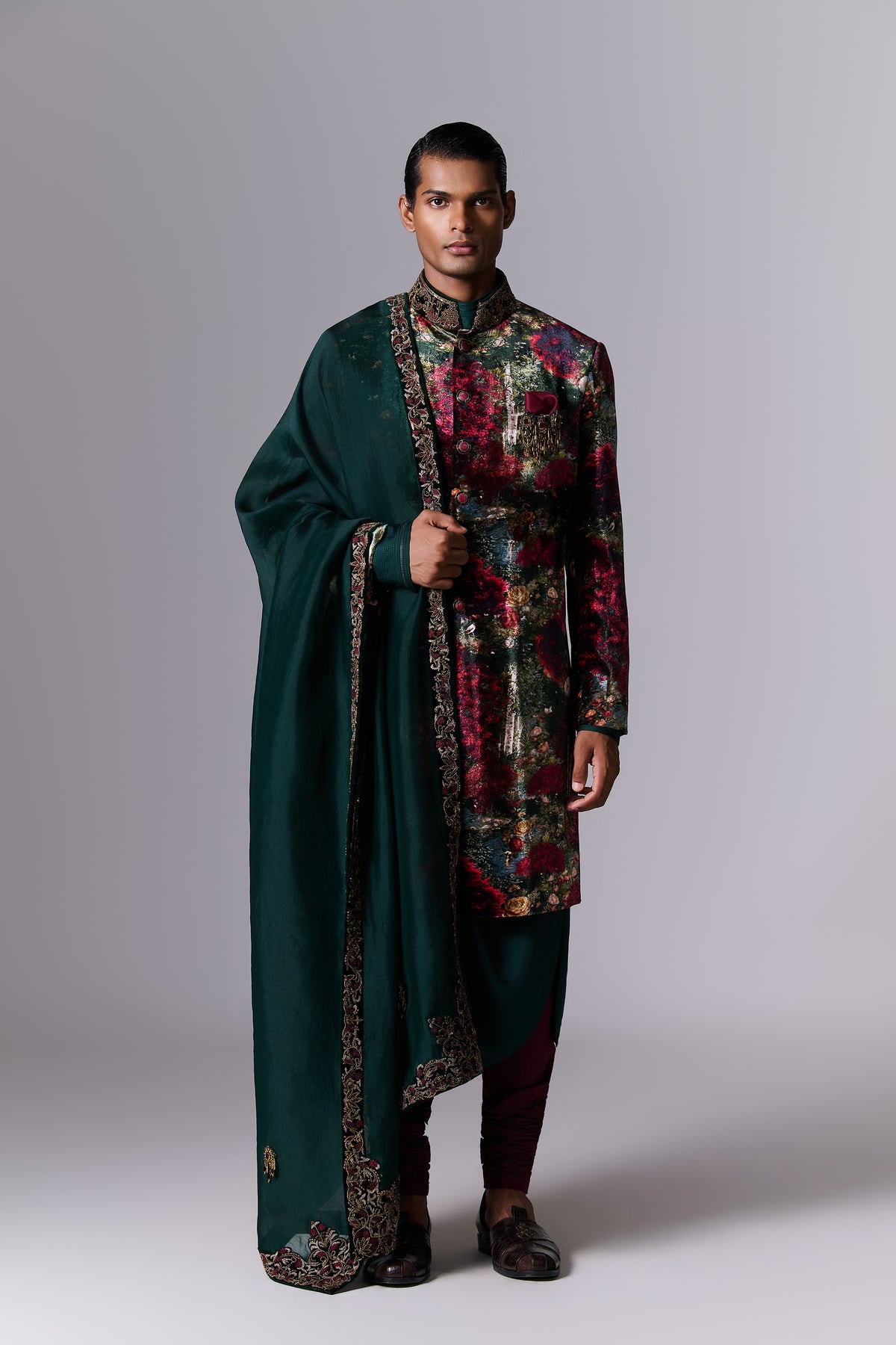 Printed Velvet Sherwani Set