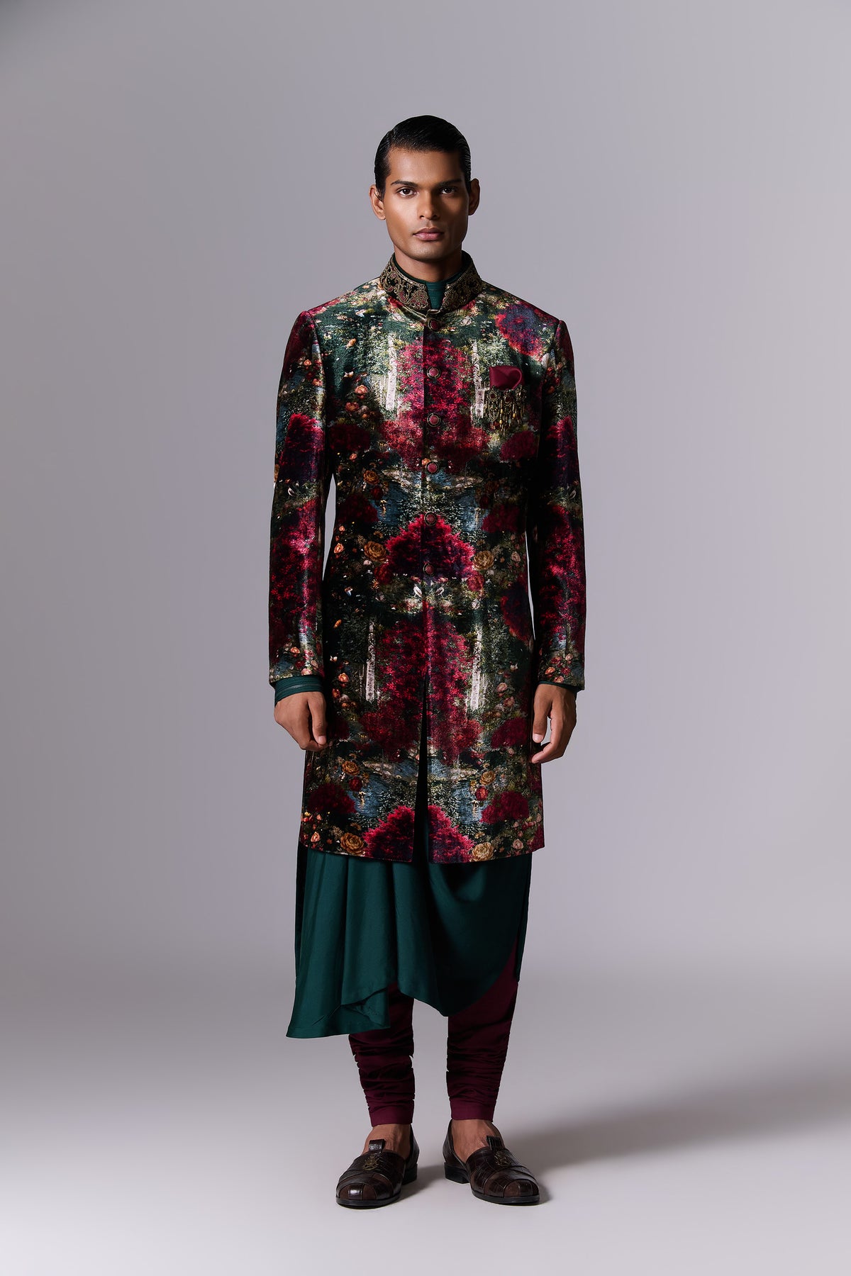 Printed Velvet Sherwani Set