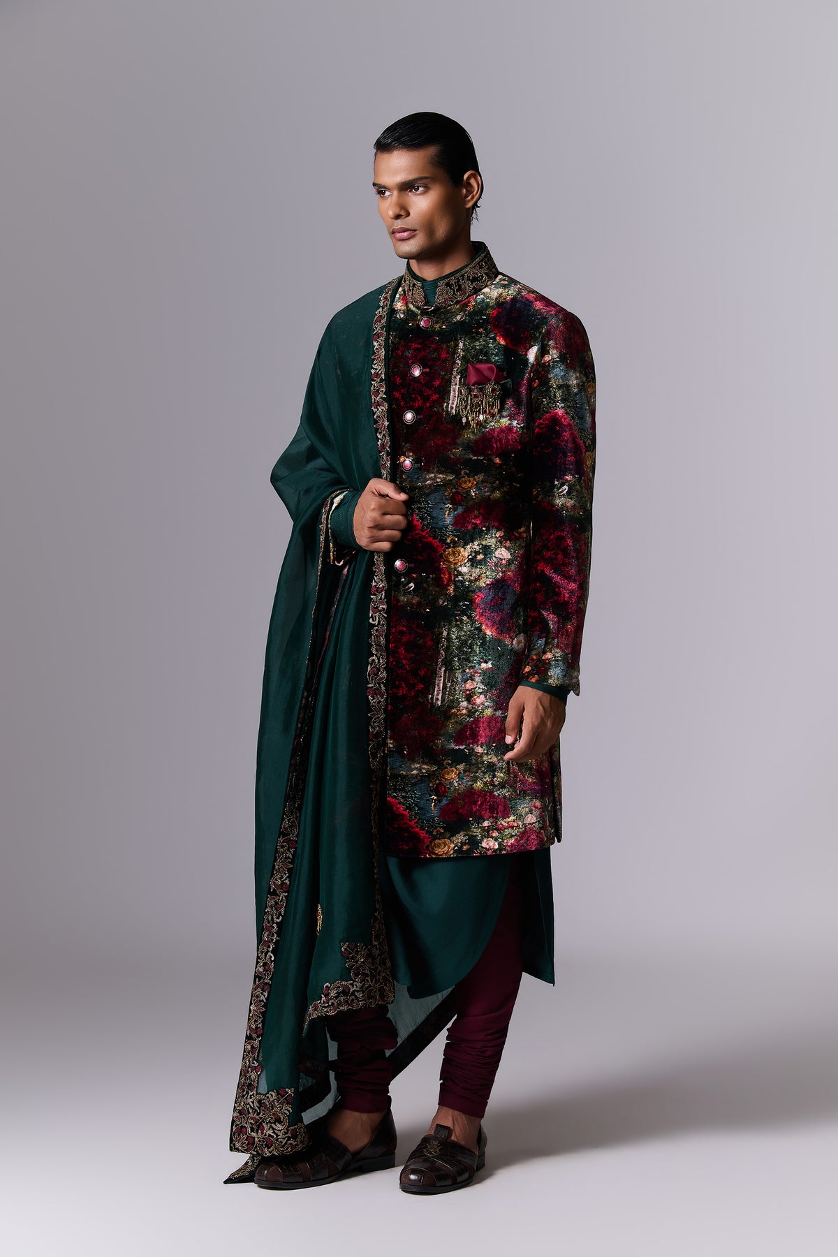 Printed Velvet Sherwani Set