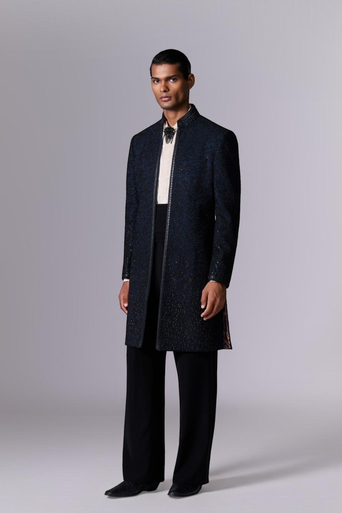 Teal Blue Sherwani Set with Brooch