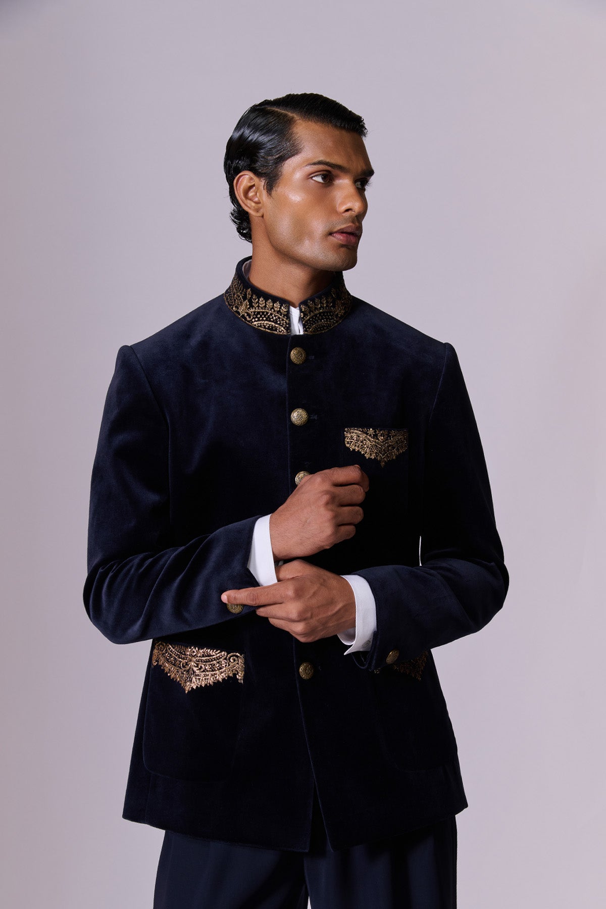Navy Velvet Bandhgala Set