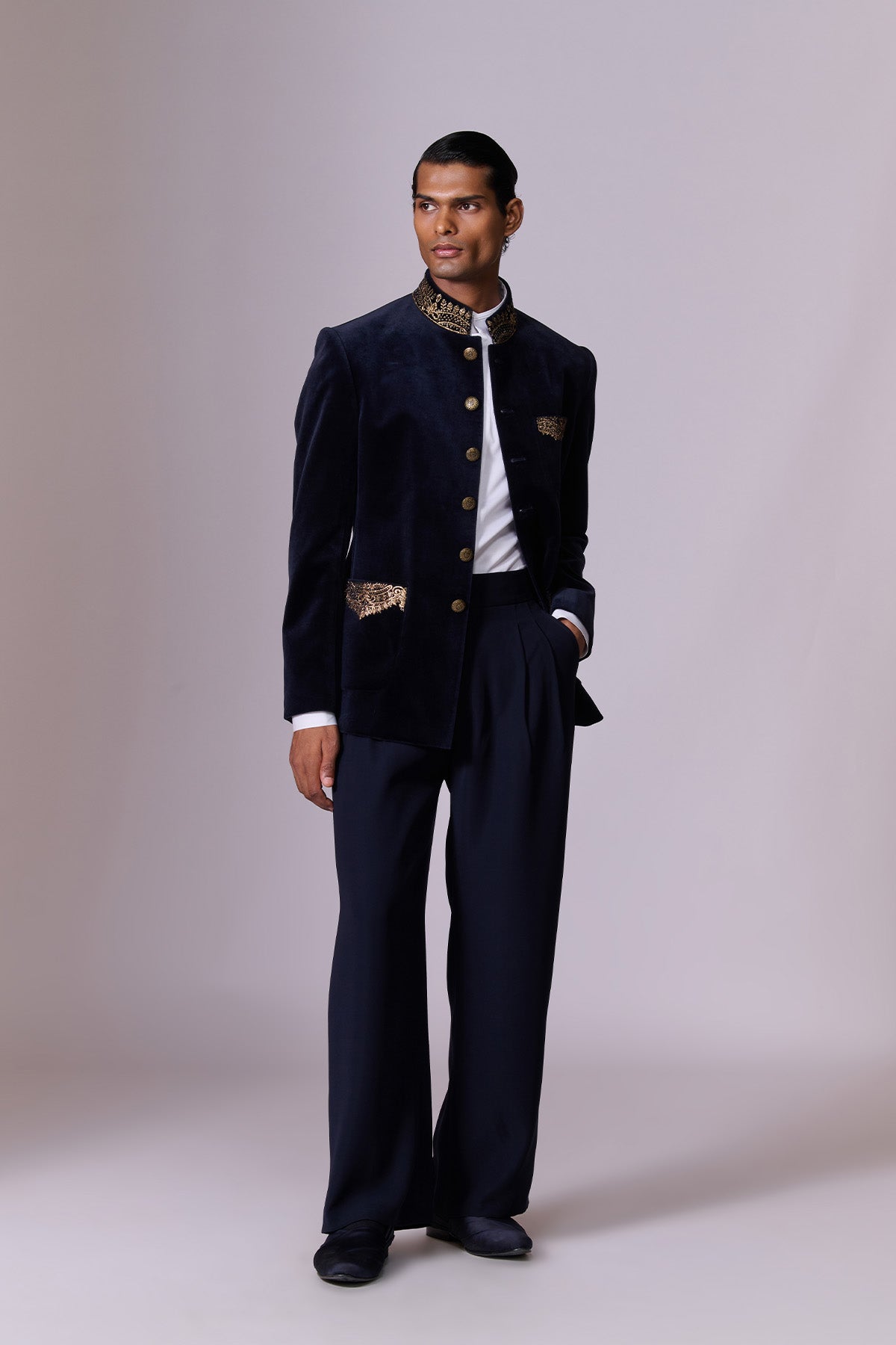 Navy Velvet Bandhgala Set