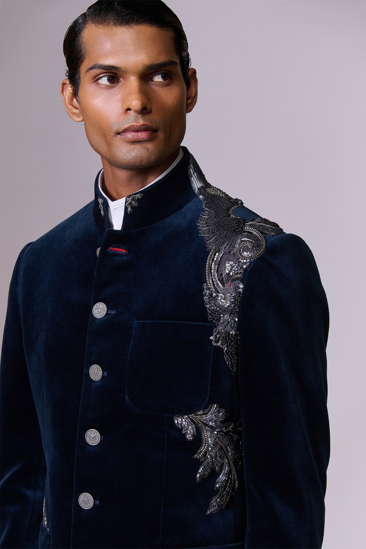Navy Velvet Eagle Bandhgala Set