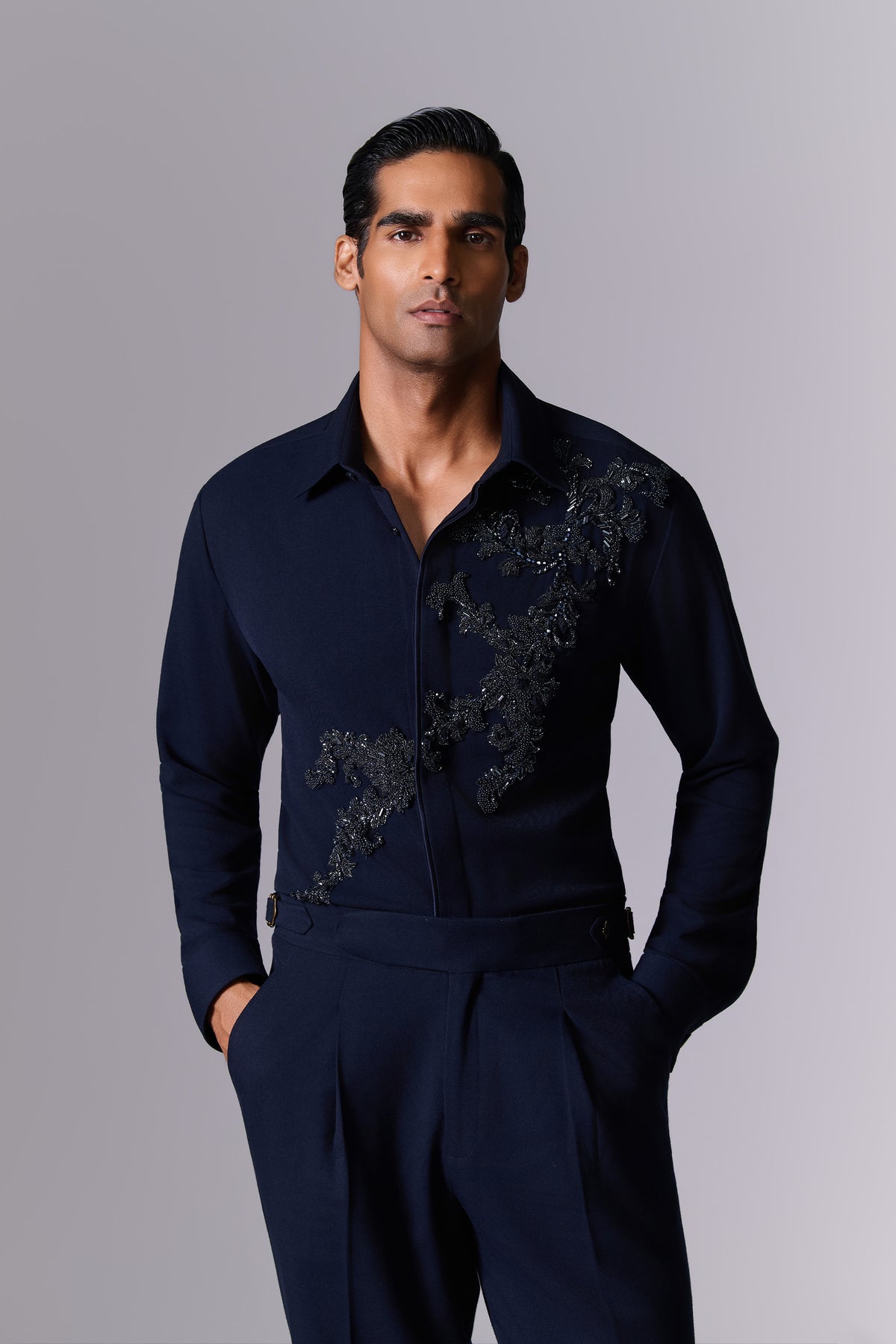 Asymmetric Beaded Cocktail Shirt