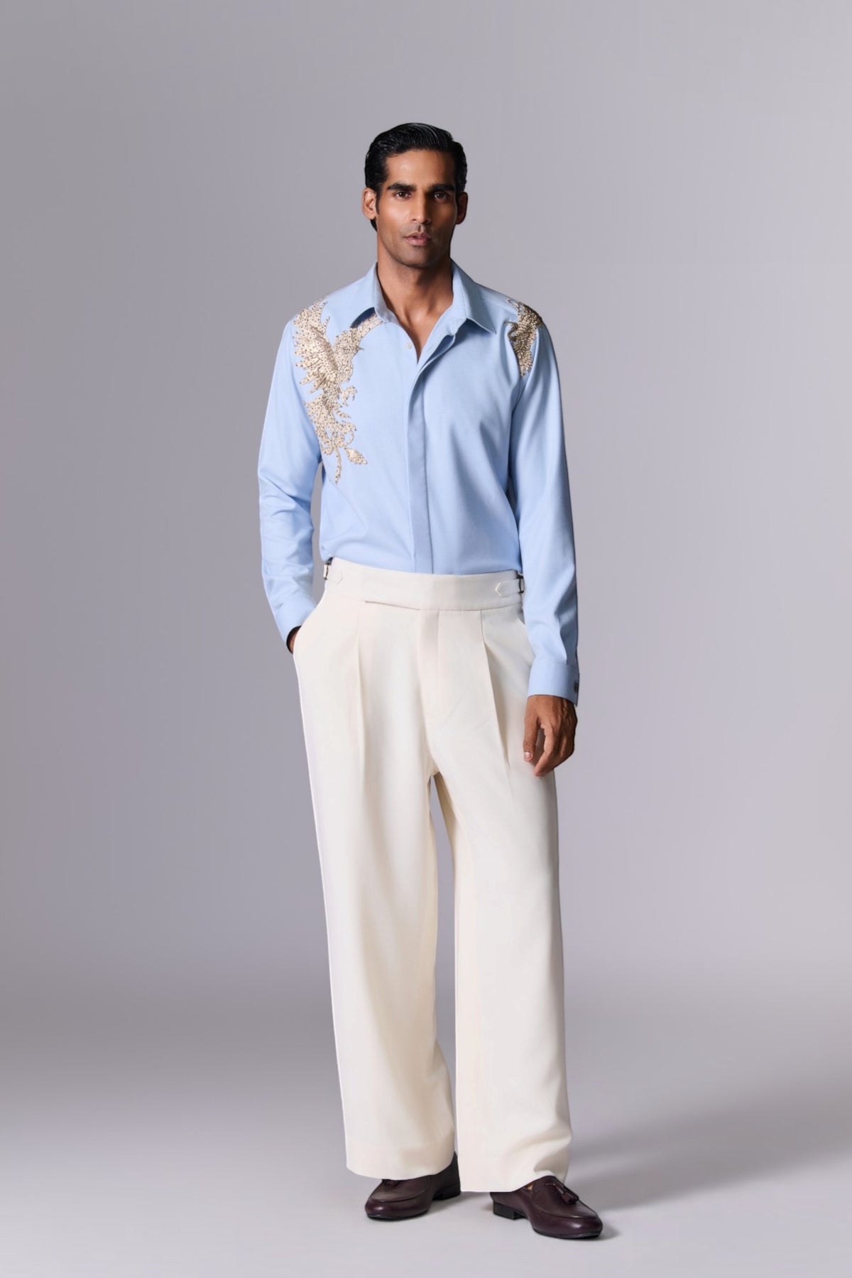 Ice Blue Bird Motif Shirt
