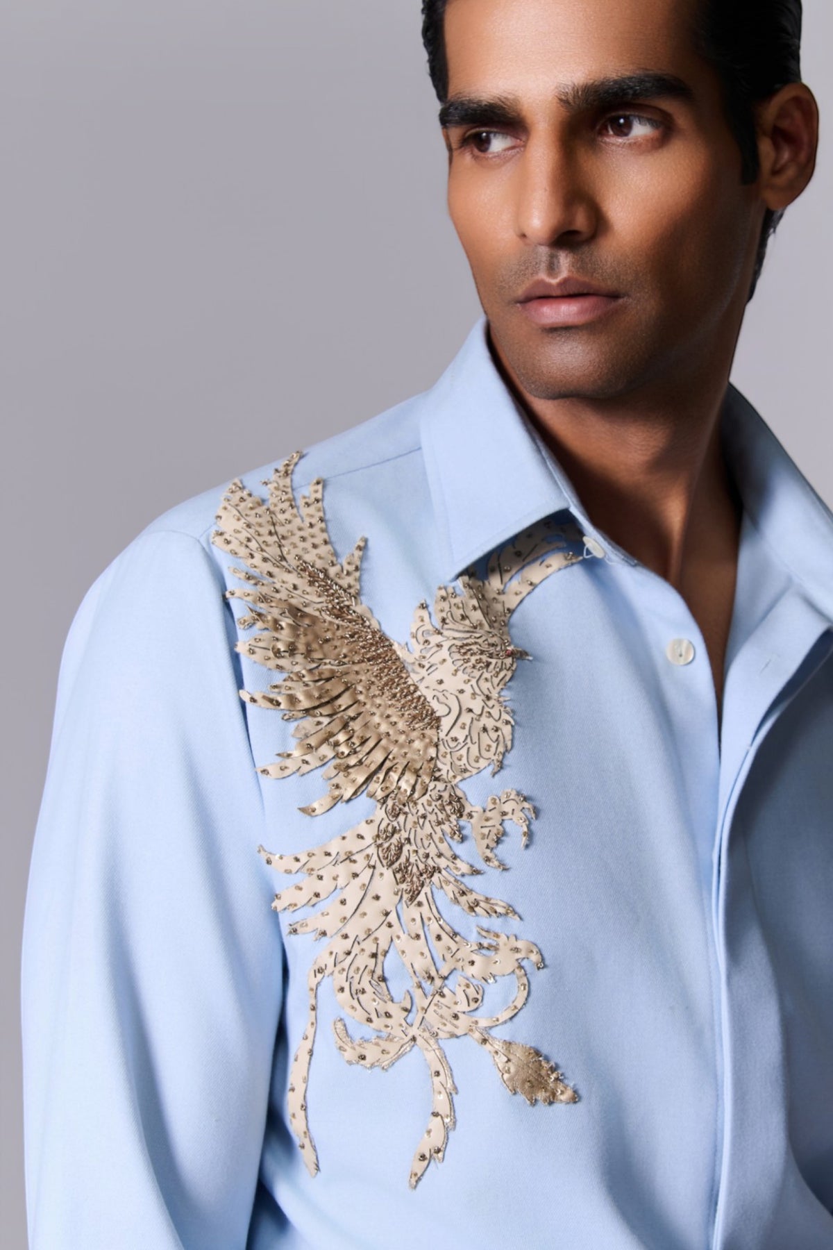Ice Blue Bird Motif Shirt