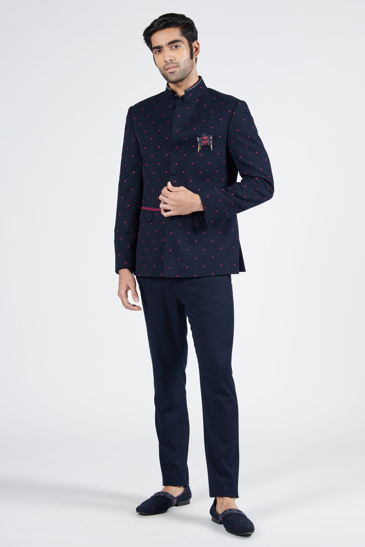 Navy Bandhgala with Pink Embroidery