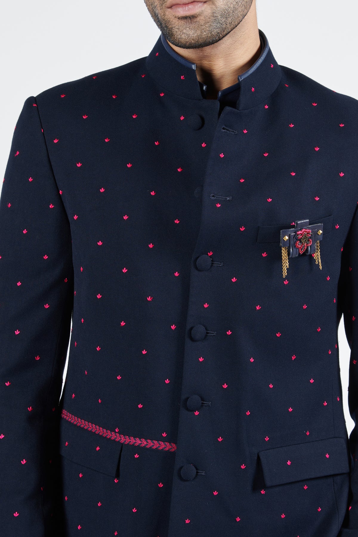 Navy Bandhgala with Pink Embroidery