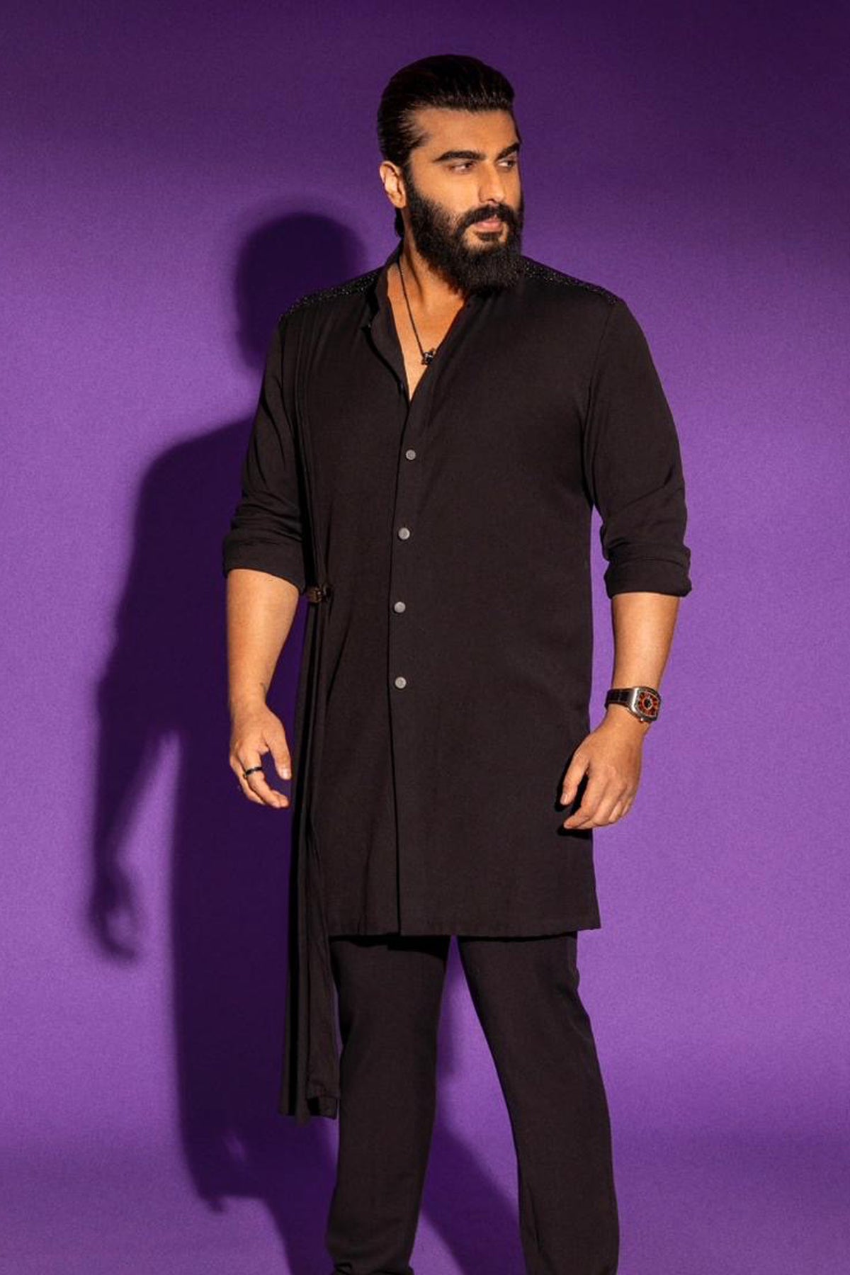 Black Crested Shirt Kurta with Neo-Drape