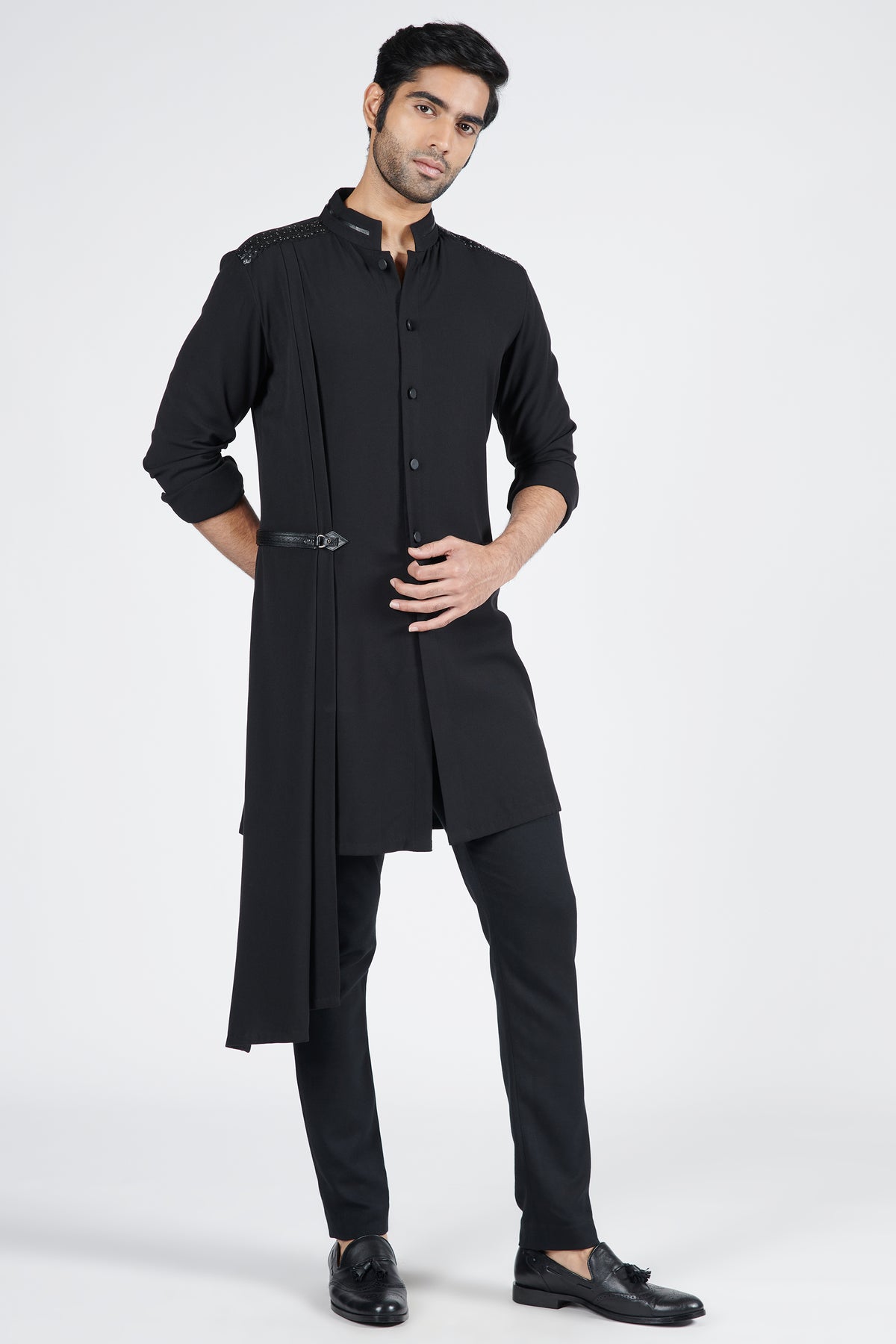 Black Crested Shirt Kurta with Neo-Drape