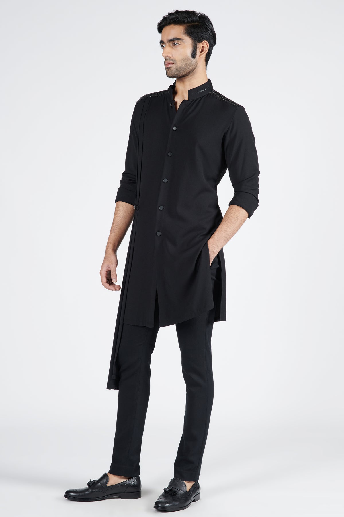 Black Crested Shirt Kurta with Neo-Drape