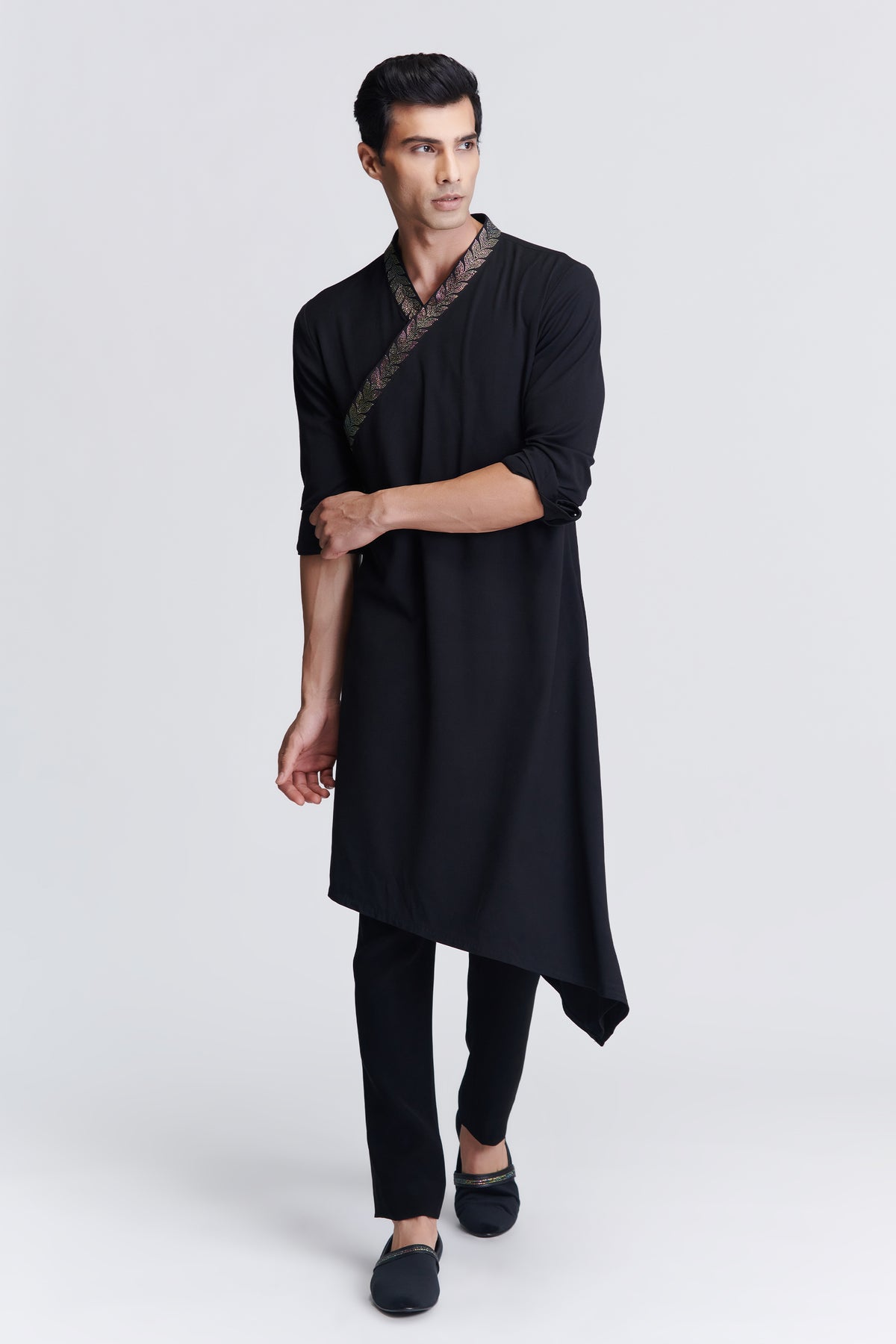 Black Asymmetrical Kurta with Crystal Neckline