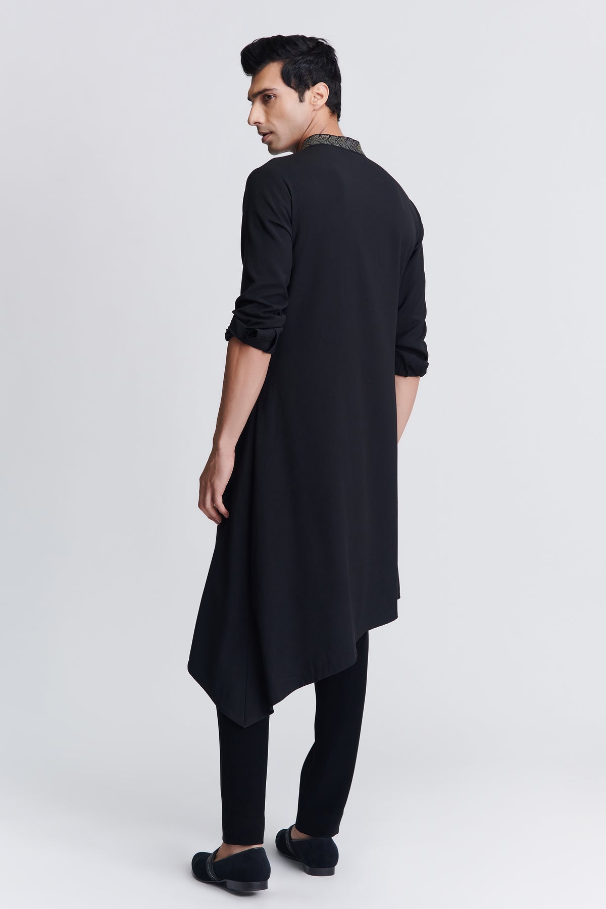 Black Asymmetrical Kurta with Crystal Neckline