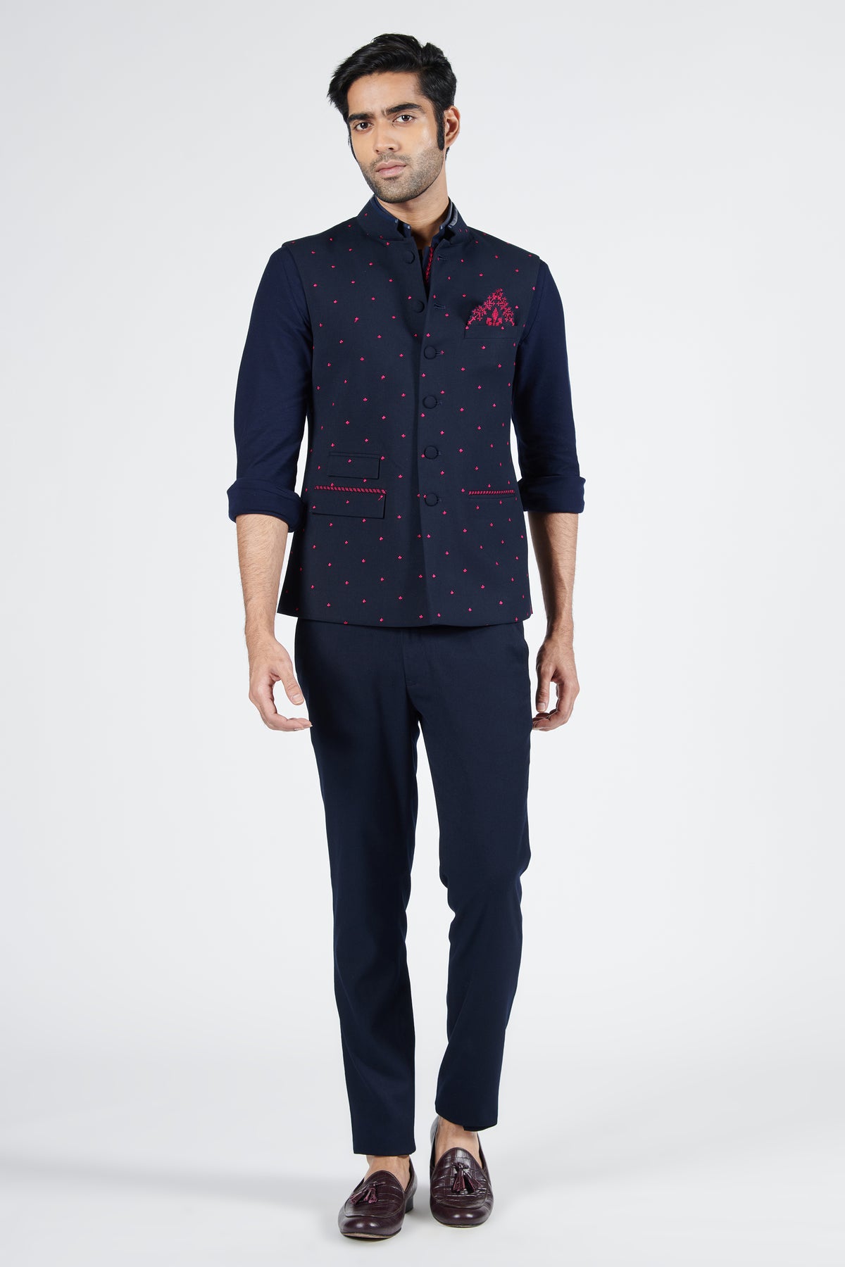 Navy Waistcoat with Pink Thread Work