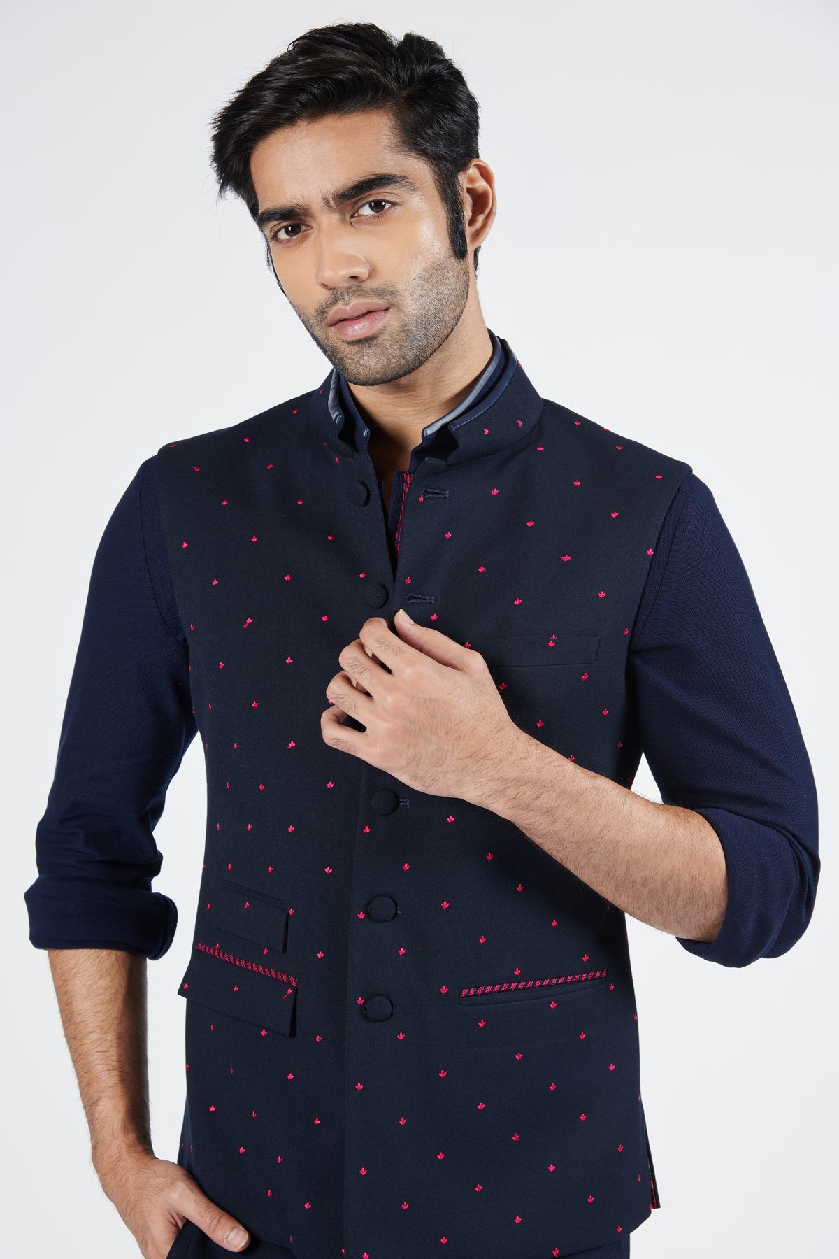 Navy Waistcoat with Pink Thread Work