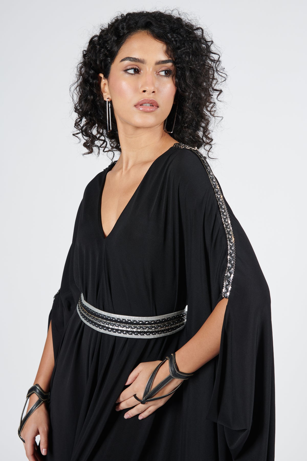 Asymmetric Off-Shoulder Kurta with Silver Details