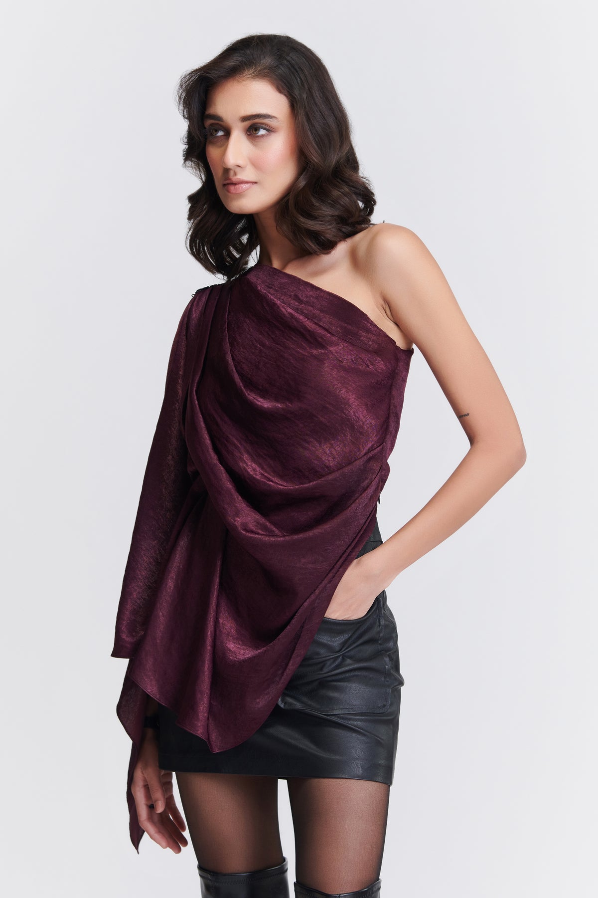One Shoulder Plum Drape Top
