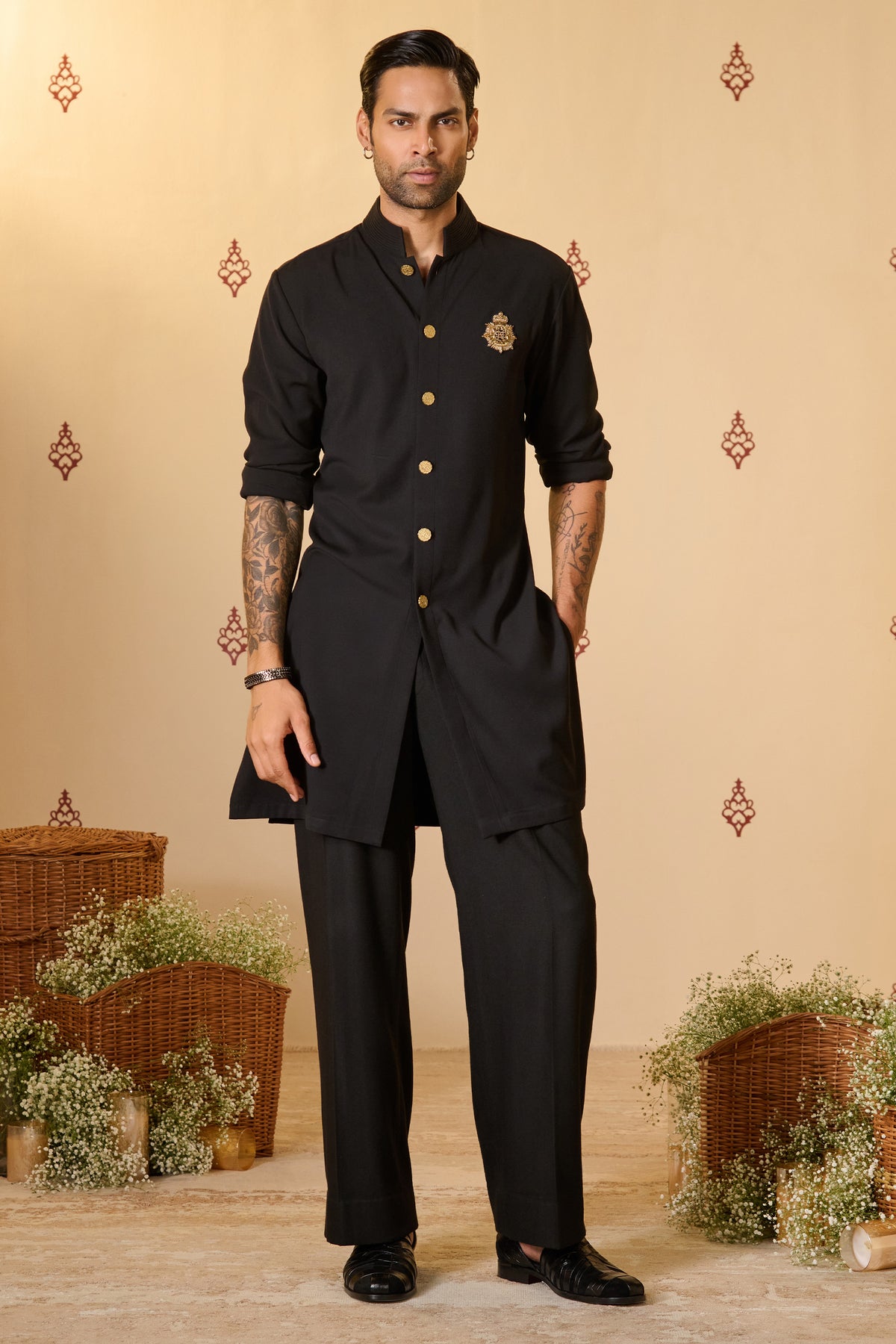 Black Crested Kurta with Anna Buttons