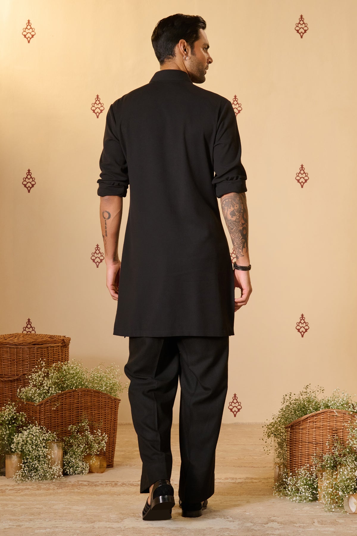 Black Crested Kurta with Anna Buttons