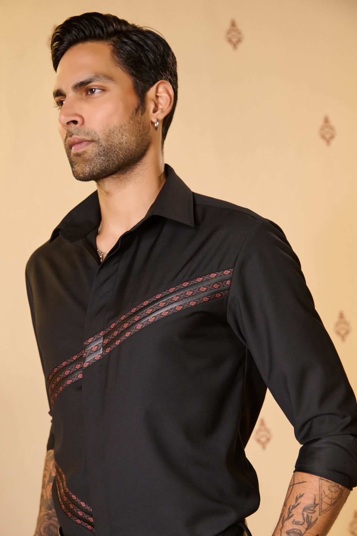Black Shirt with Asymmetric Leather Penal